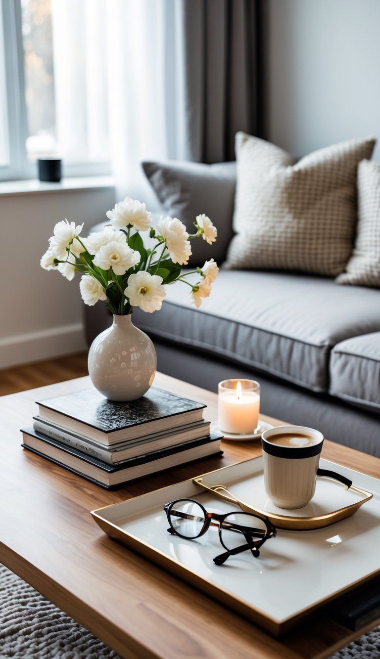 A living room coffee table with books, a vase of white flowers, a candle, and a cup of coffee next to a sofa.