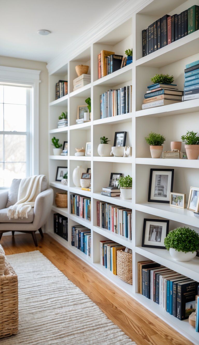 Built-in bookshelves filled with books, plants, framed photos, and decorative items in a cozy living room.