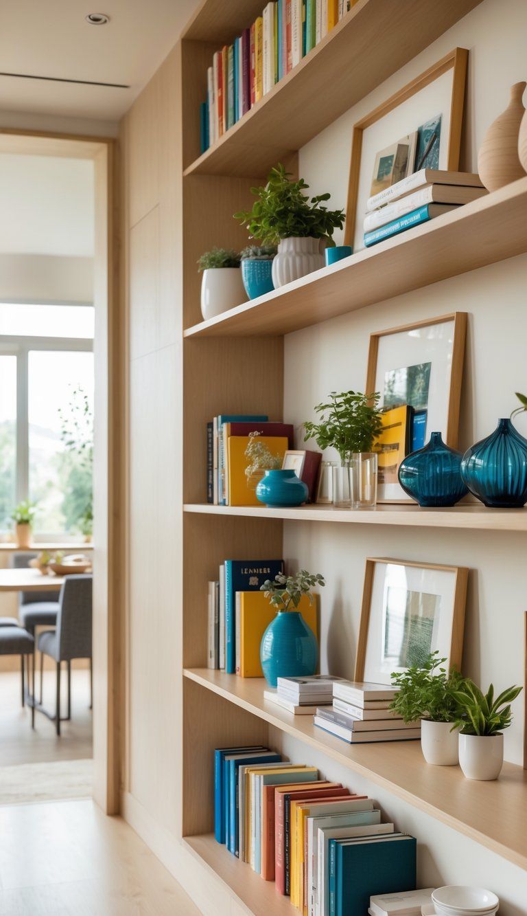 Shelves styled with books, plants, ceramics, and decorative items in different rooms of a home.