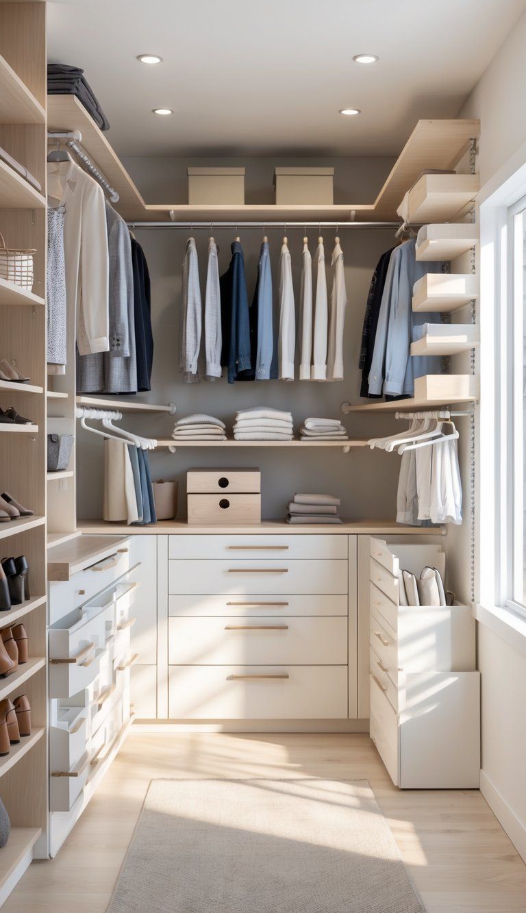 A spacious, well-organized walk-in closet with shelves, drawers, hanging clothes, and shoe racks neatly arranged.
