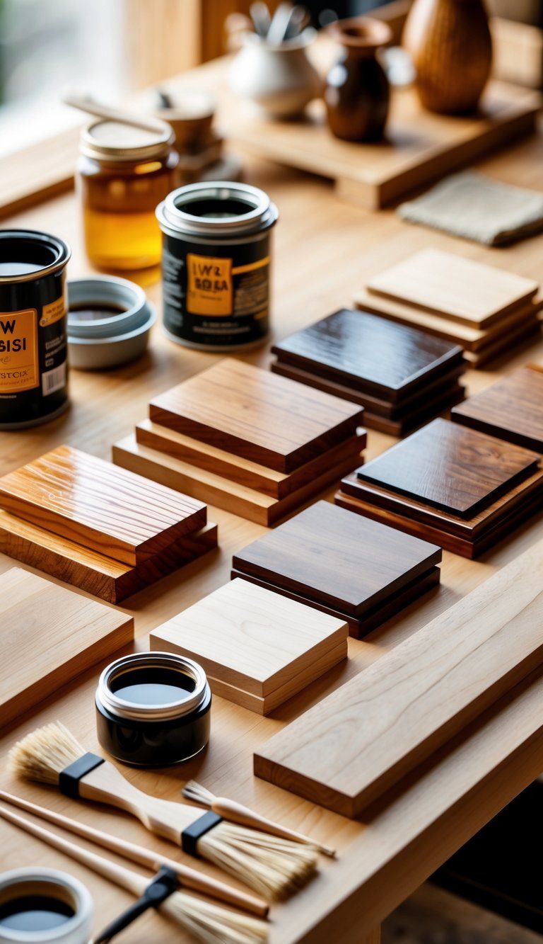 Close-up of various wood samples with different finishes and tools for applying wood sealants on a wooden table.