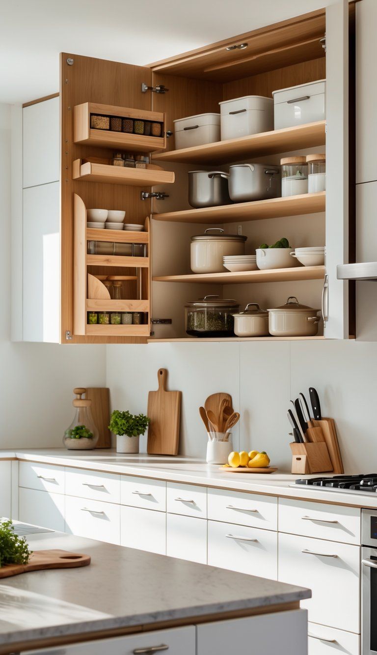 A modern kitchen with open cabinets showing organized storage features and various kitchen accessories.