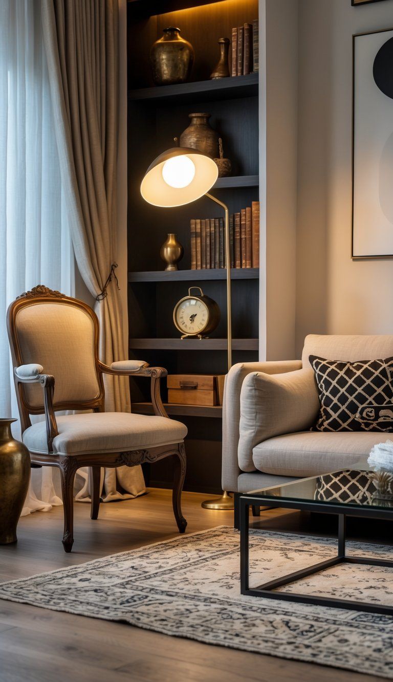 A living room with a mix of vintage and modern furniture, warm lighting, decorative accessories, and a cozy atmosphere.