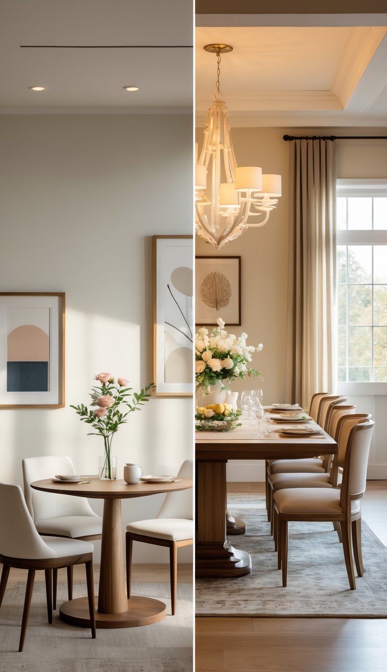 Two dining rooms side by side, one small with a round table and four chairs, the other large with a rectangular table and eight chairs, both well-lit and neatly arranged.