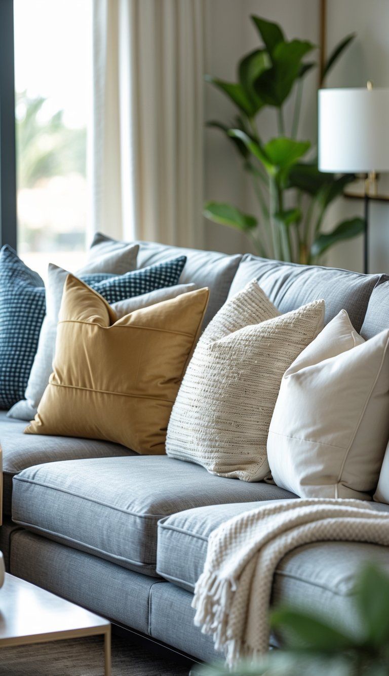A sofa with a neatly arranged assortment of pillows in different sizes and colors in a cozy living room.