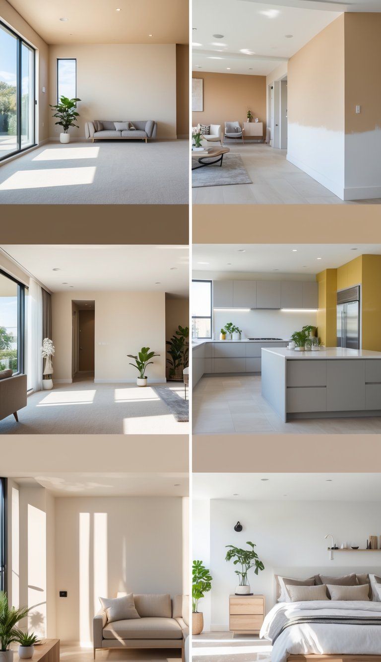 A bright modern interior showing freshly painted walls, cabinets, and trim with smooth, flawless finishes in different rooms.