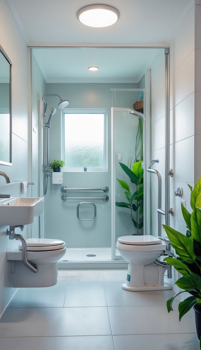 A modern bathroom designed for accessibility and safety, featuring a walk-in shower with grab bars, a wide doorway, support rails by the toilet, and a lowered sink.