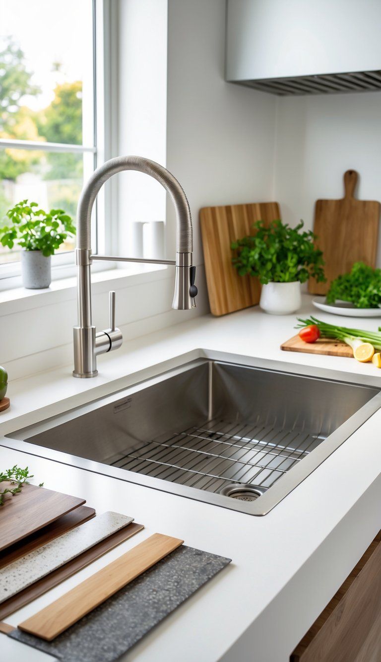 A modern kitchen sink with sample faucets and countertop materials arranged around it on a clean countertop in a bright kitchen.