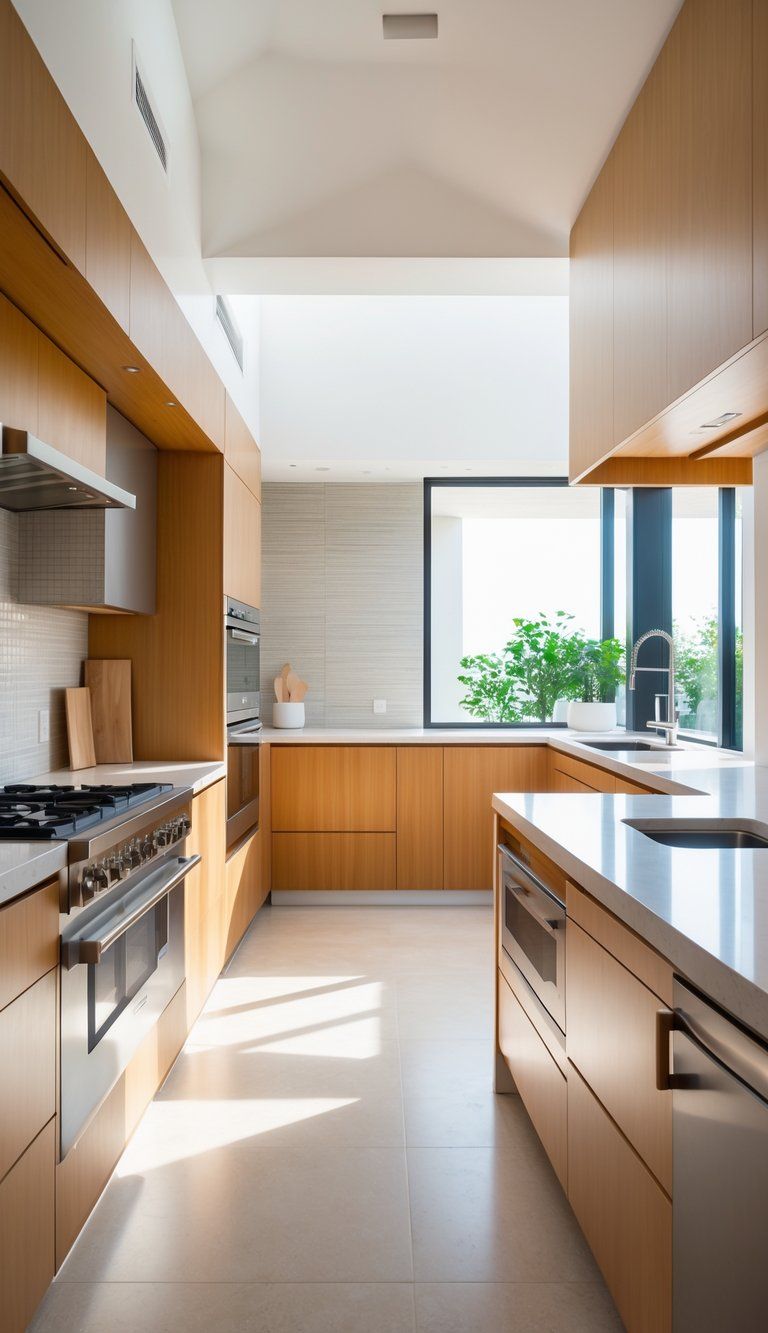 A modern kitchen interior with an efficient layout featuring quartz countertops, wooden cabinets, stainless steel appliances, and a central island under natural light.