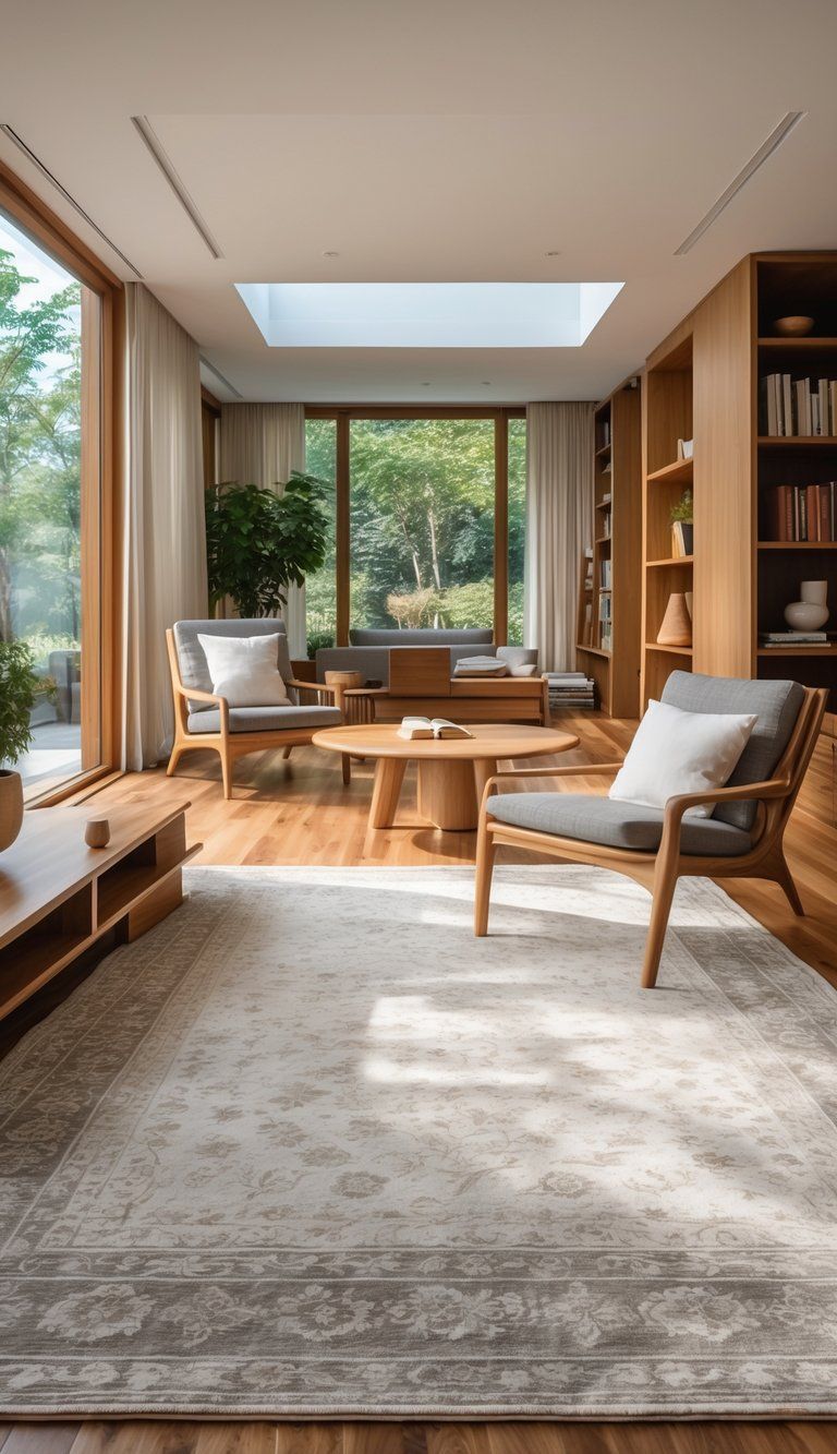 A living room with hardwood floors, a large area rug, and wooden furniture including a coffee table, armchair, and bookshelf.
