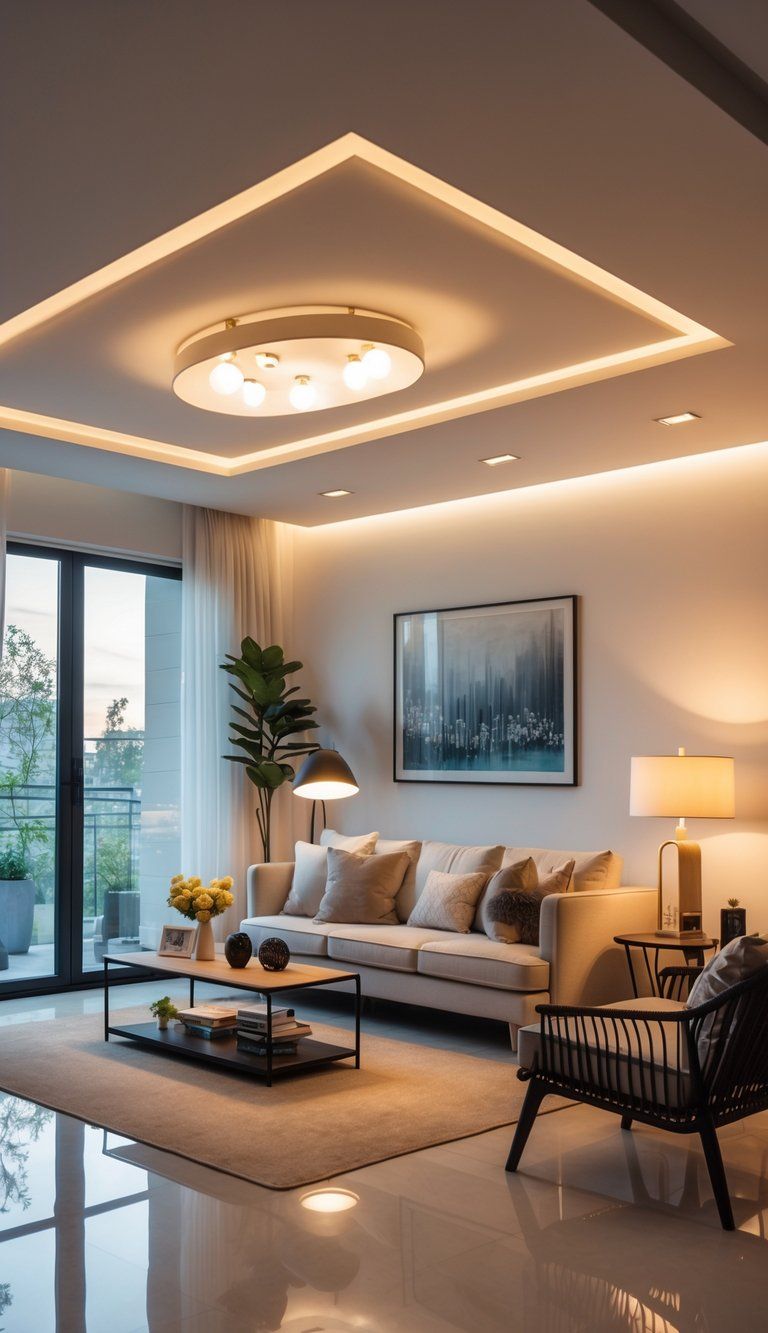 A modern living room with various lighting sources creating a warm and inviting atmosphere.