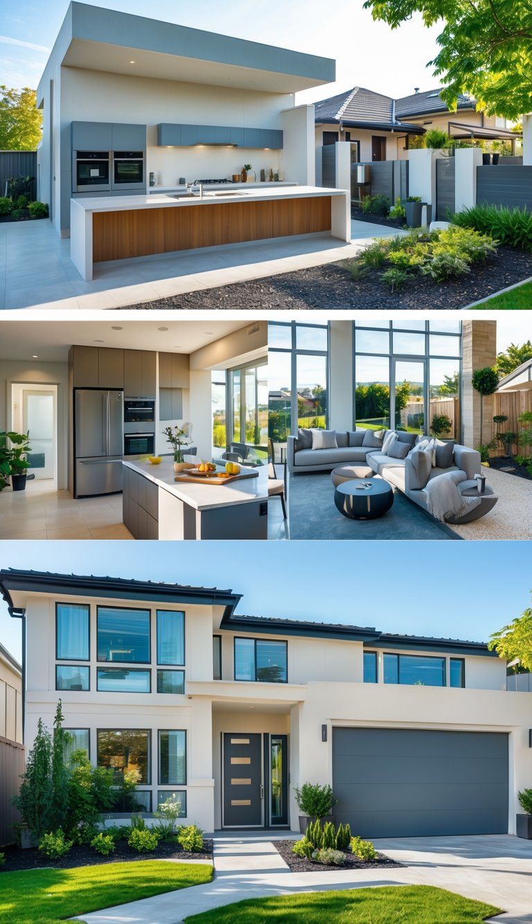 A modern home interior and exterior showing a renovated kitchen, fresh paint, energy-efficient windows, landscaped front yard, and updated living room.