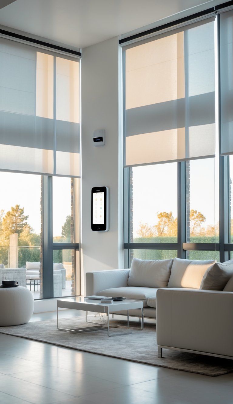 A modern living room with large windows and motorized window shades partially open, letting in natural light.