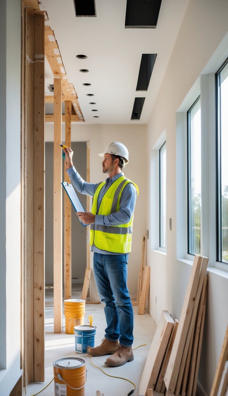 A person inspecting a home interior under renovation, checking walls and windows with tools and a clipboard.