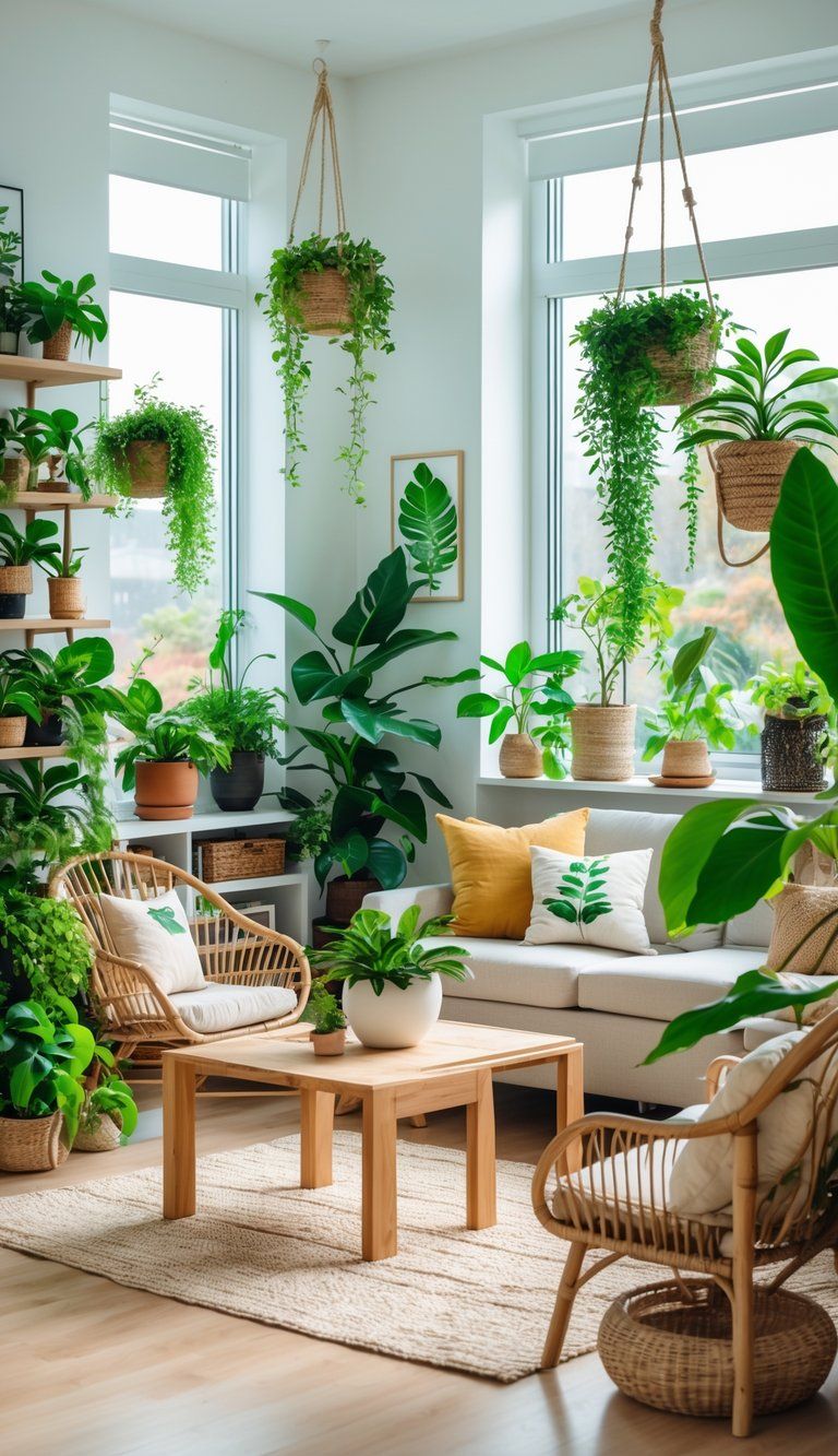 A bright living room filled with various green plants, wooden furniture, and natural decor elements, with sunlight streaming through large windows.