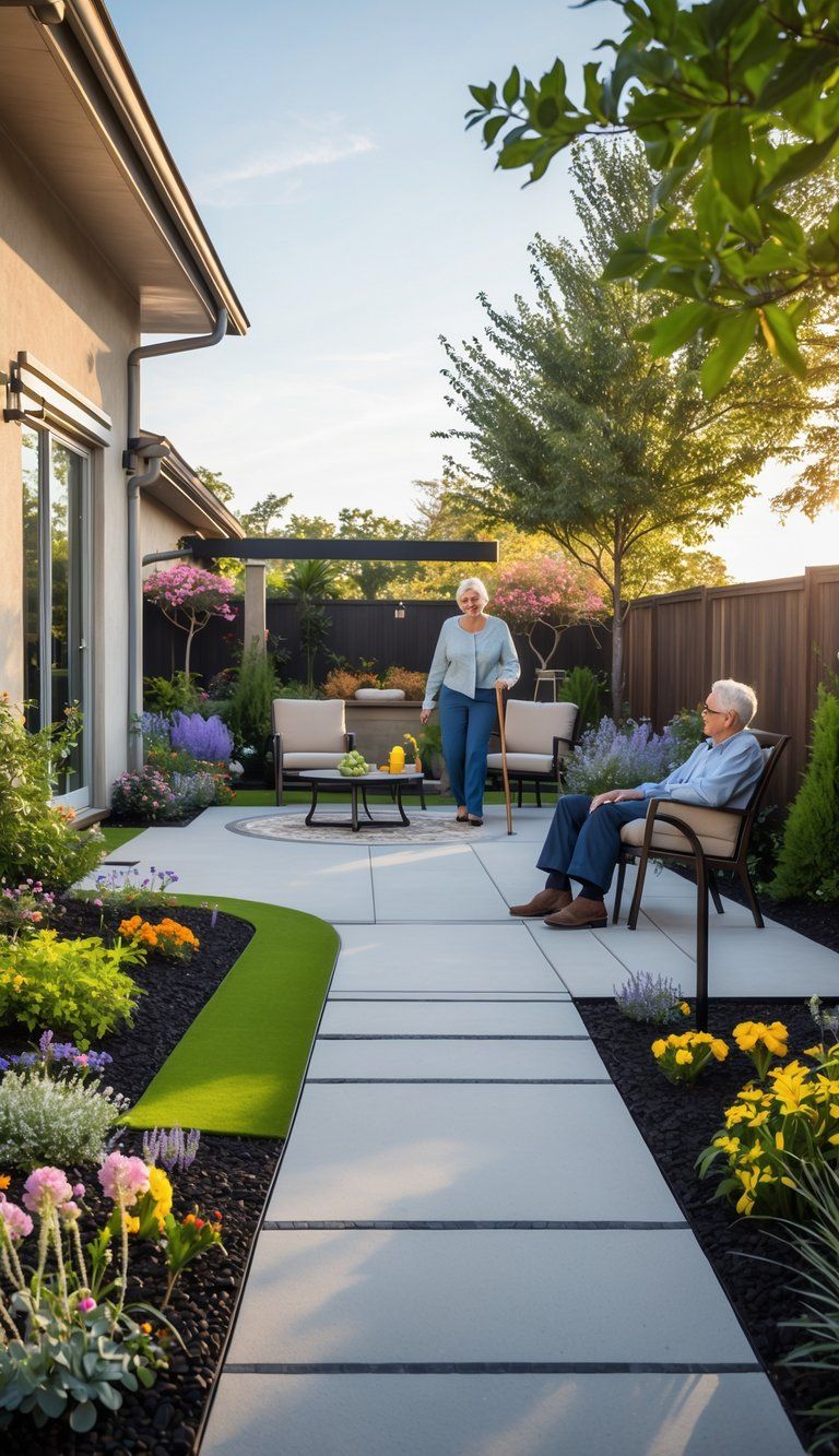 Outdoor backyard with accessible pathways, handrails, ramps, and a mature couple enjoying the garden.
