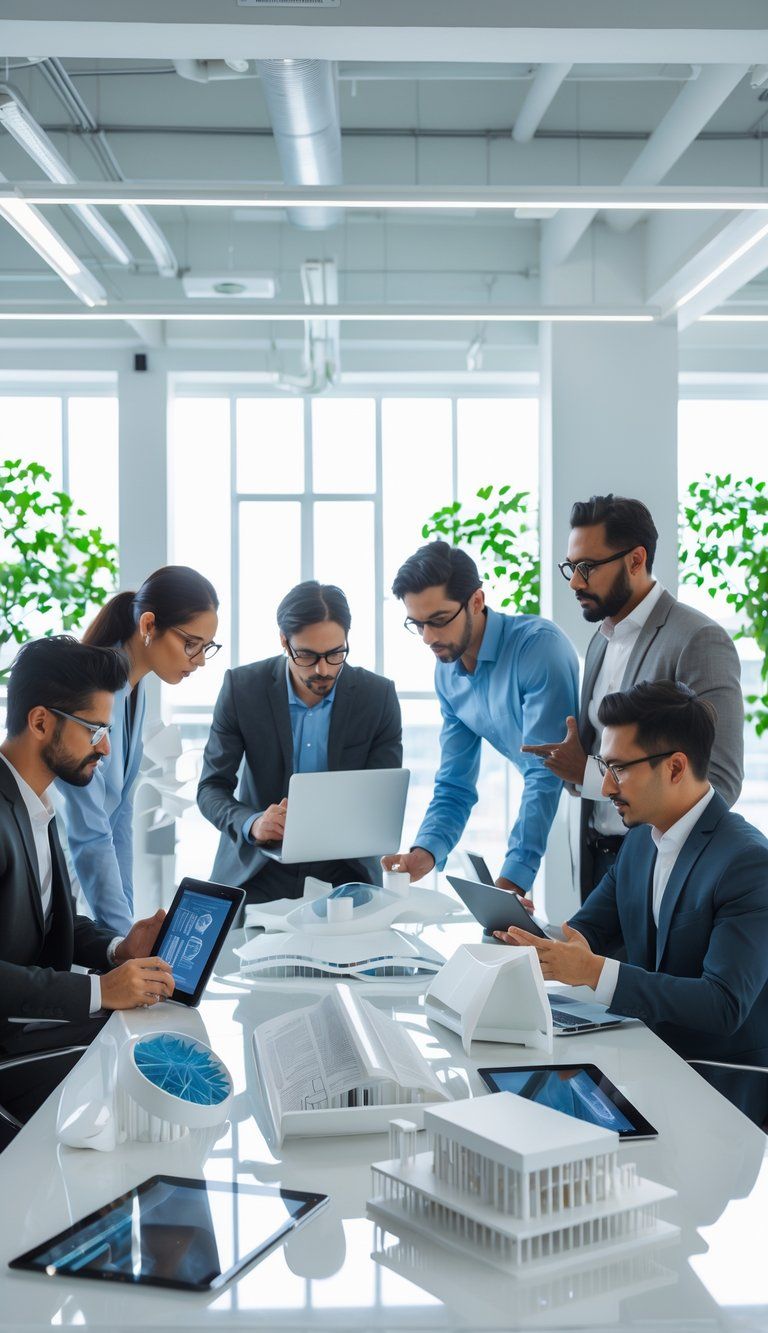 A group of professionals collaborating around a table with design prototypes and digital devices in a bright, modern workspace.