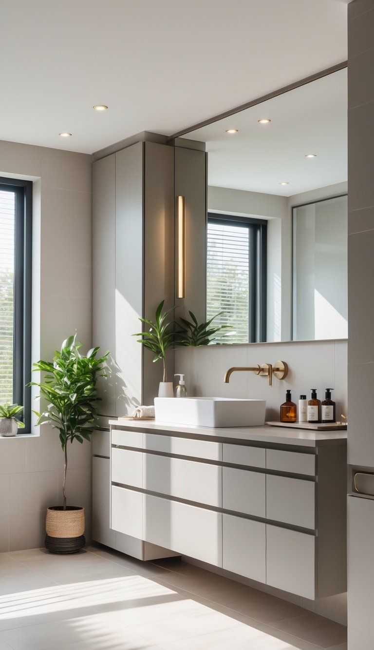 A well-lit bathroom vanity area with a sink, mirror, storage cabinets, and decorative items arranged neatly.