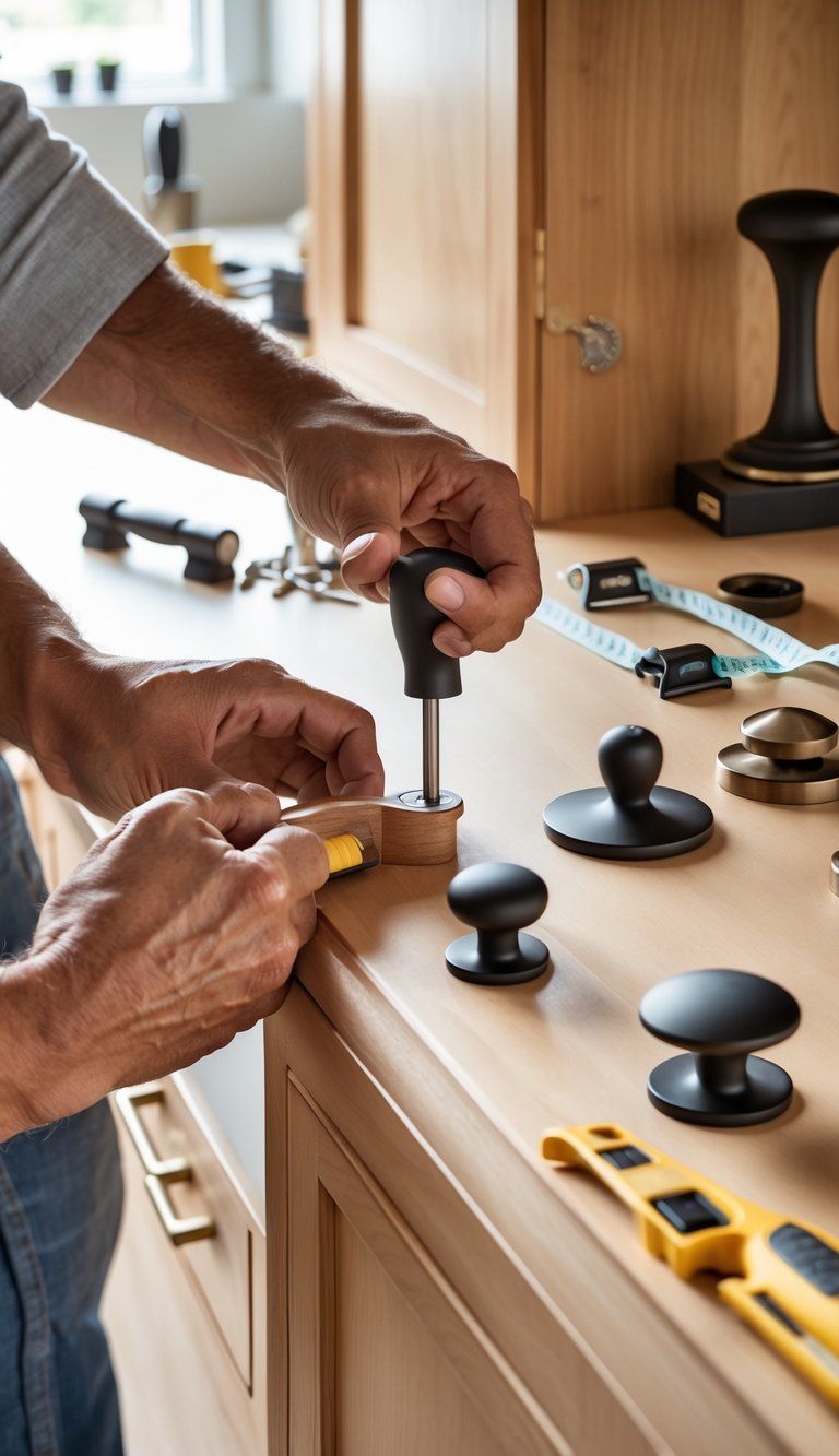 Close-up of hands installing hardware on a wooden cabinet door with tools and cabinet handles on a workbench nearby.