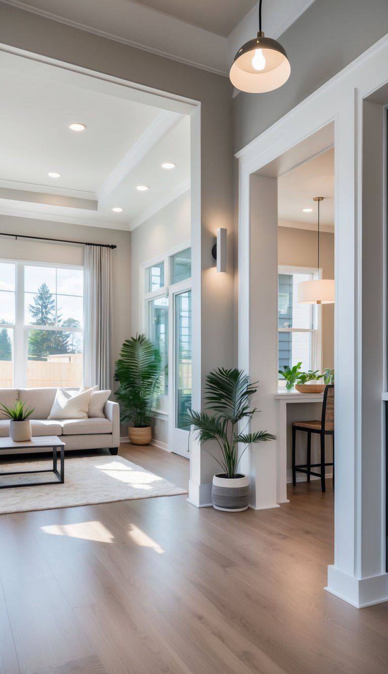 Bright and spacious renovated living room with new floors, light fixtures, and fresh paint, furnished with a sofa and plants.