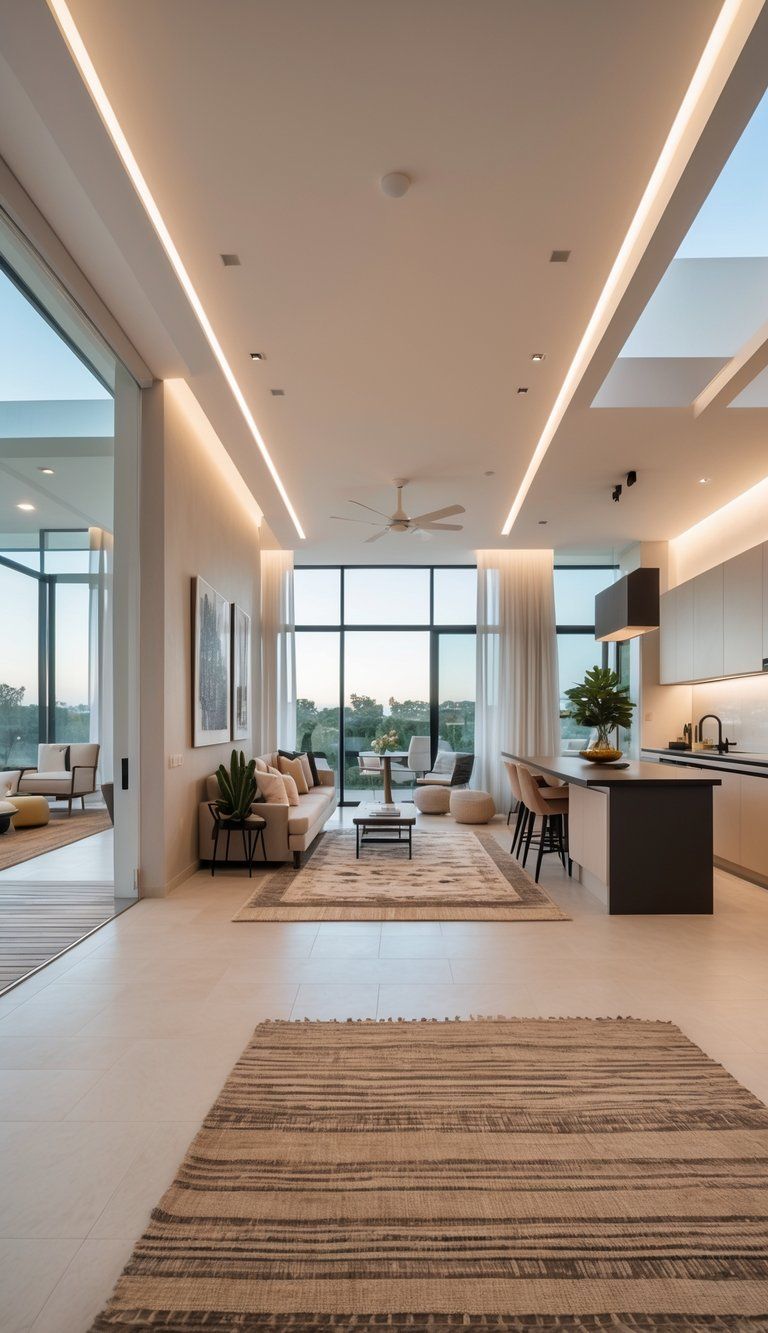 An open-concept home interior showing distinct living, dining, and kitchen areas connected by a seamless design with natural light and modern furniture.