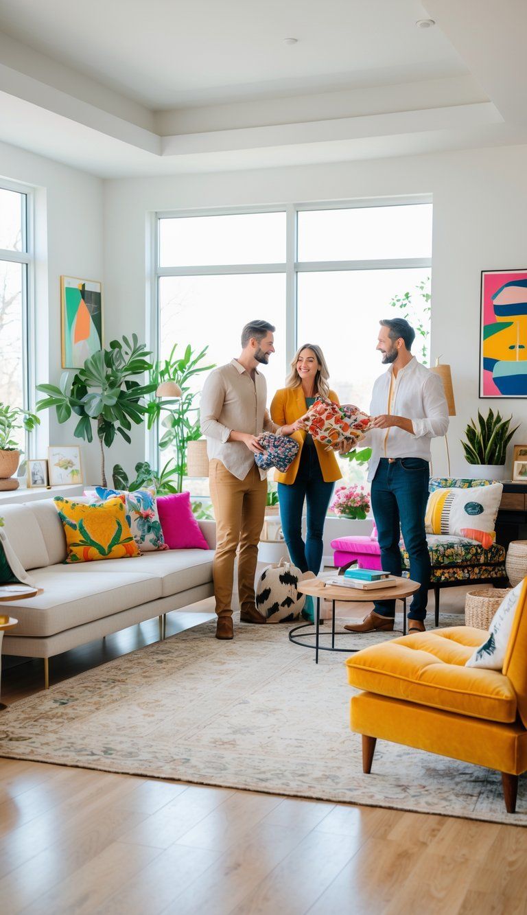 A couple arranging home decor in a living room that blends different styles, working together to create a cohesive space.