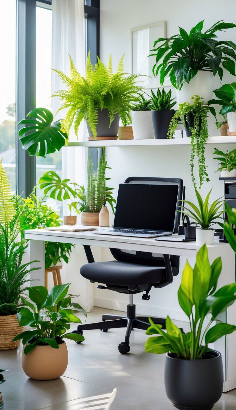A home office with a desk, laptop, chair, and several indoor plants placed around the room.