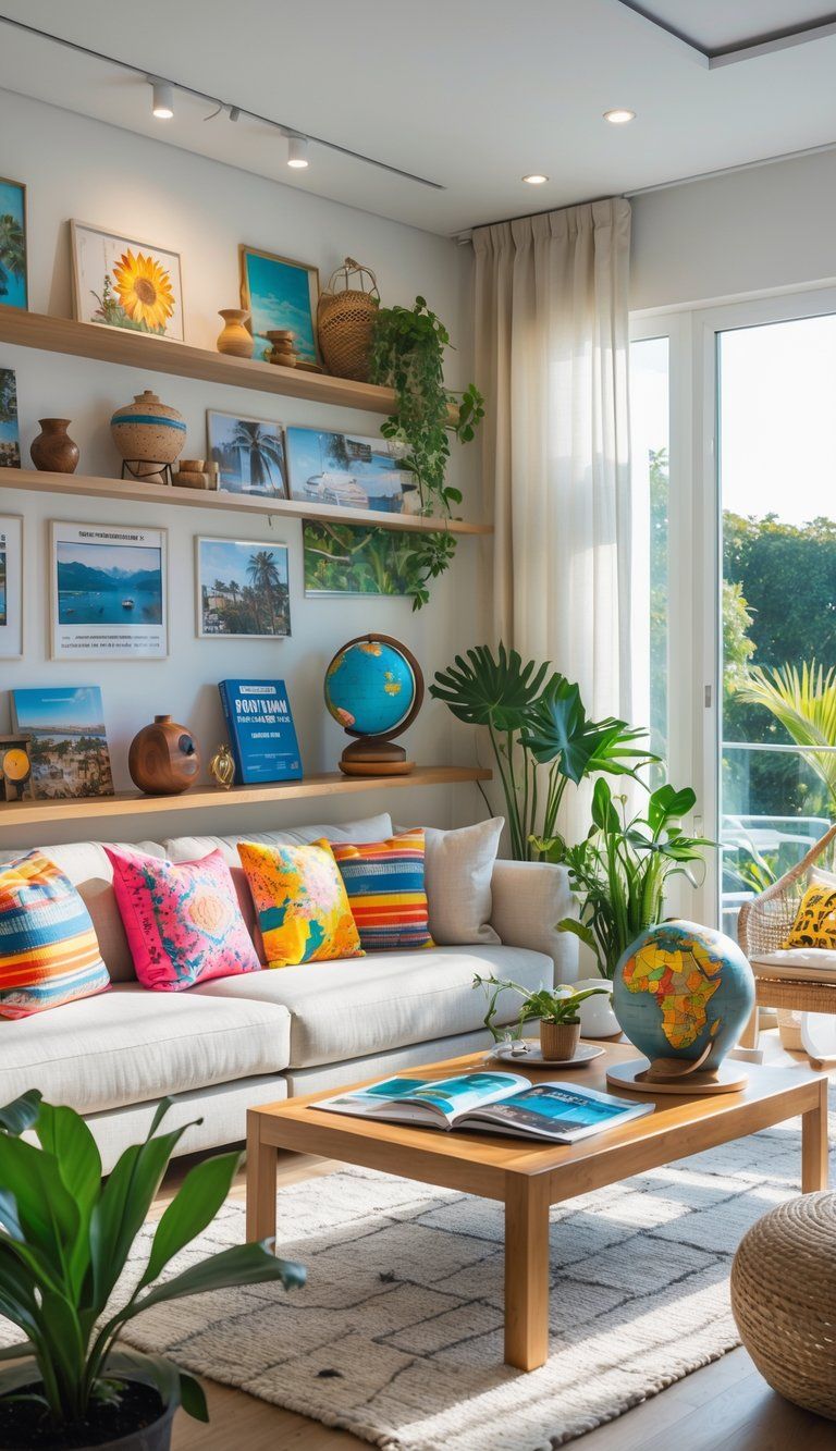 A modern living room decorated with travel photos, souvenirs, and plants, creating a warm and inviting atmosphere.