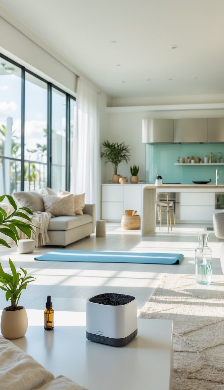 A clean, sunlit modern living room with organized furniture, plants, and wellness items, including a yoga mat and air purifier.