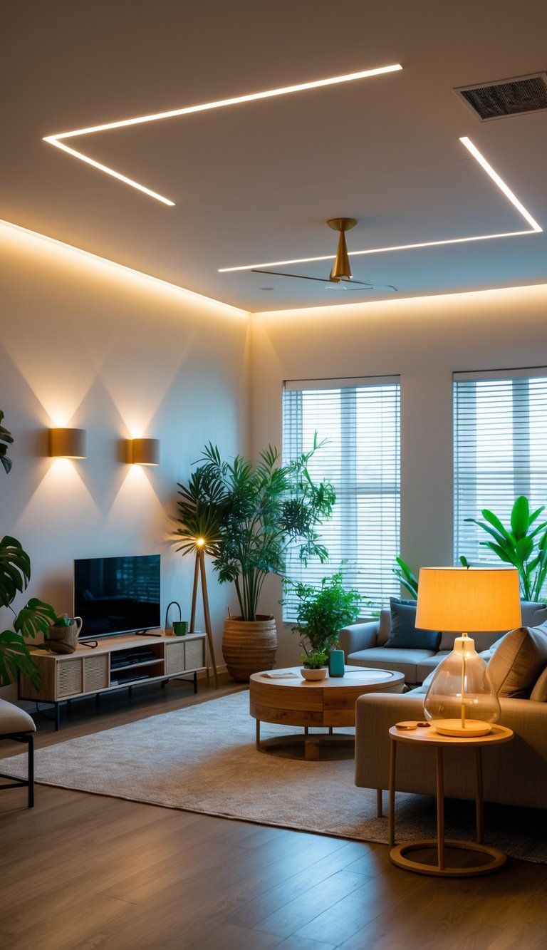 A modern living room with multiple light sources and natural daylight highlighting plants and eco-friendly furniture.