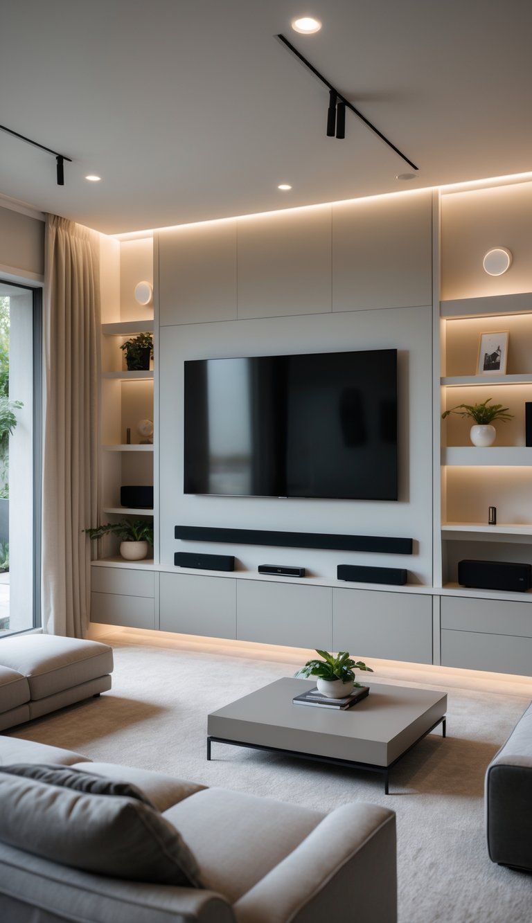 A modern living room with a wall-mounted TV, built-in shelves, and comfortable seating arranged around the screen.