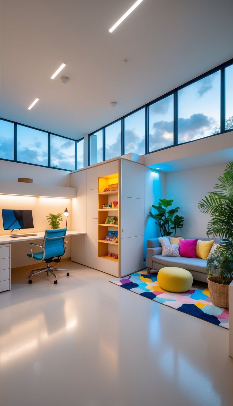 A modern living space divided into separate areas for working, playing, and relaxing, each with appropriate lighting and furniture.