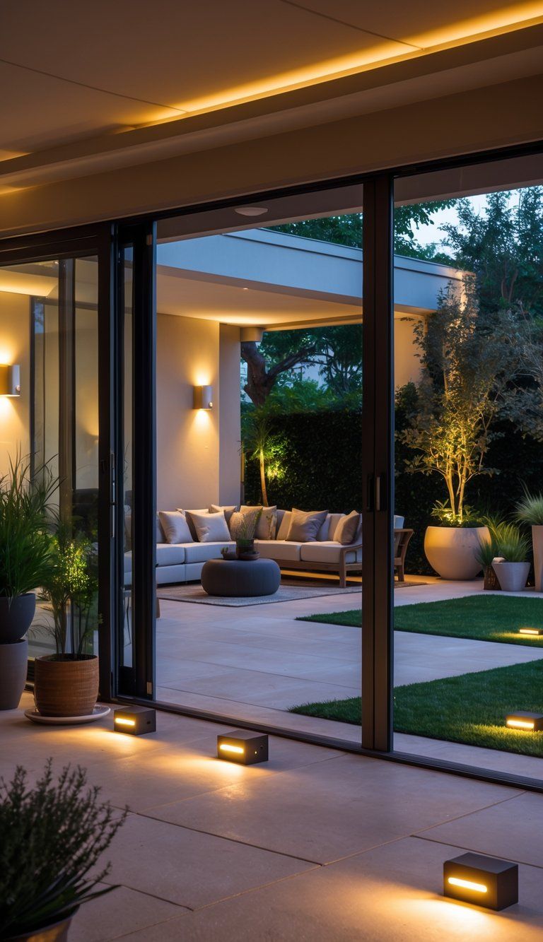 A living room with open glass doors leading to a softly lit outdoor patio and garden, showing a smooth connection between indoor and outdoor spaces.