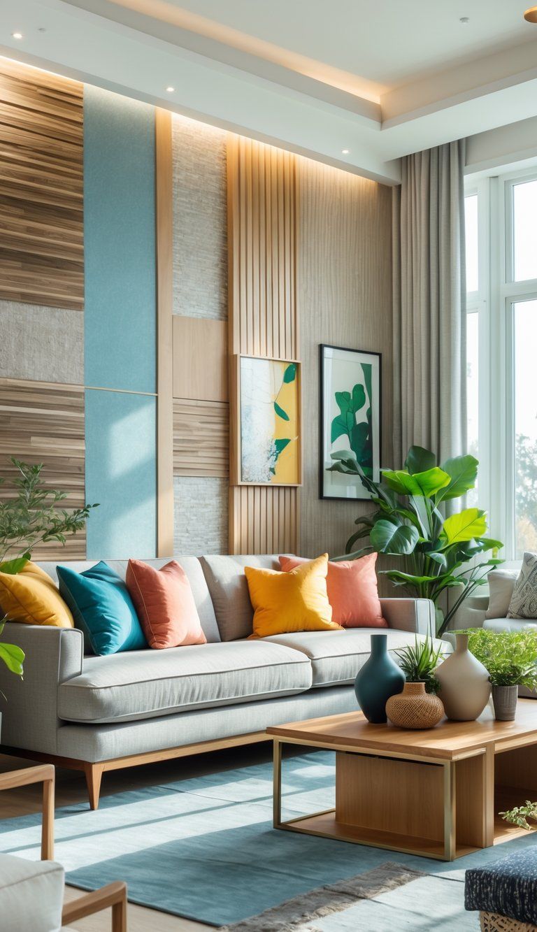 A modern living room with a textured feature wall, sofa, coffee table, plants, and framed artwork.