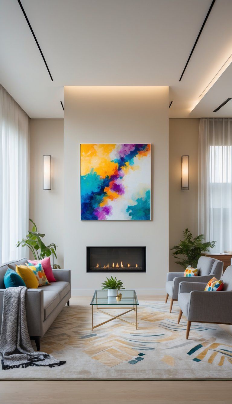 A living room with a fireplace, sofa, armchairs, a large colorful painting above the fireplace, and natural light coming through windows.