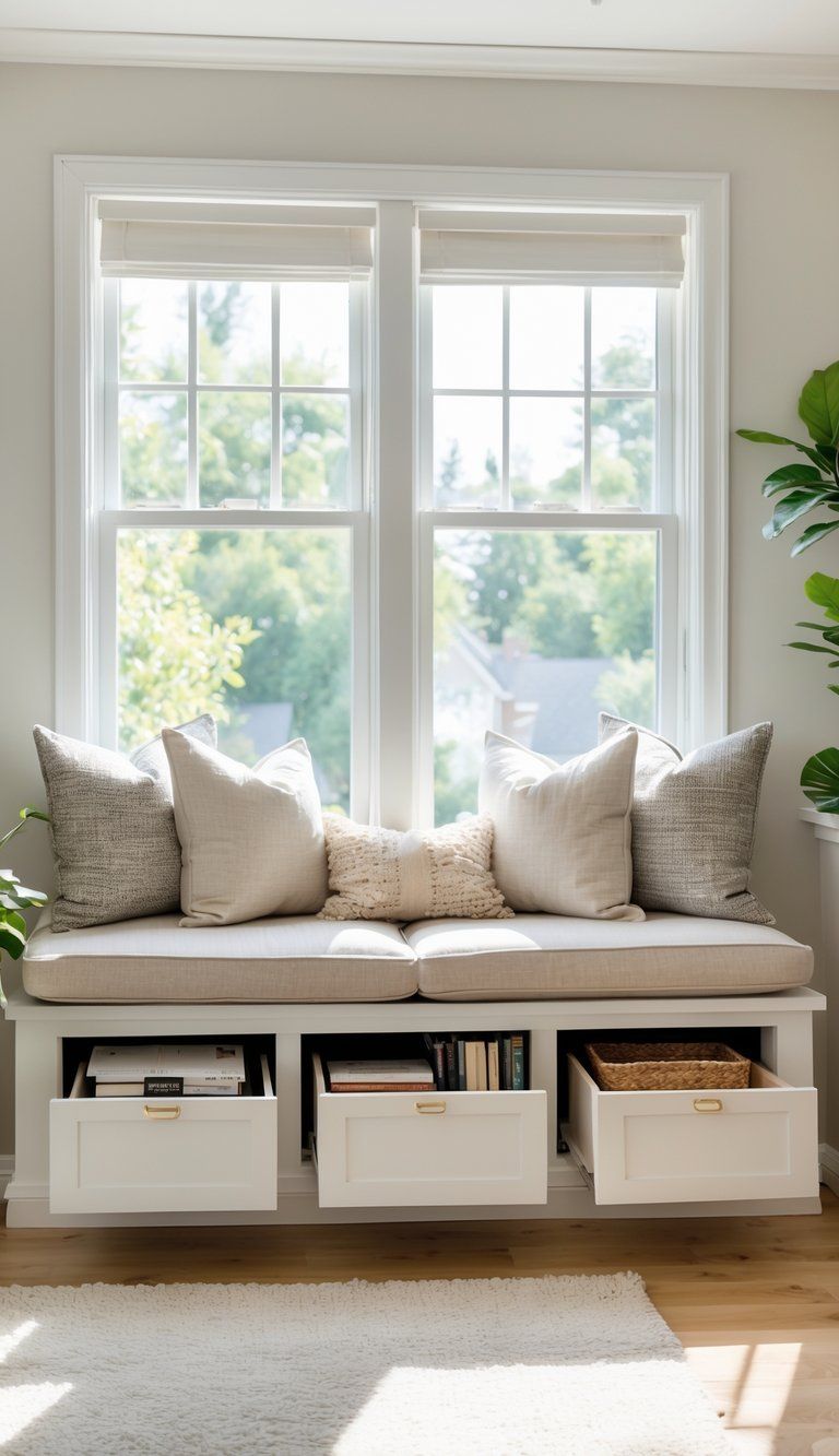 A person organizing storage drawers under a window seat in a bright living room with cushions and a large window.