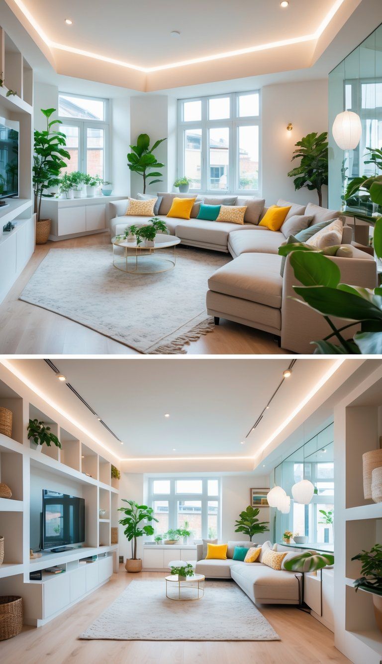 A well-organized living room with a sectional sofa, shelves, plants, and large windows arranged to make the best use of an irregular floor plan.
