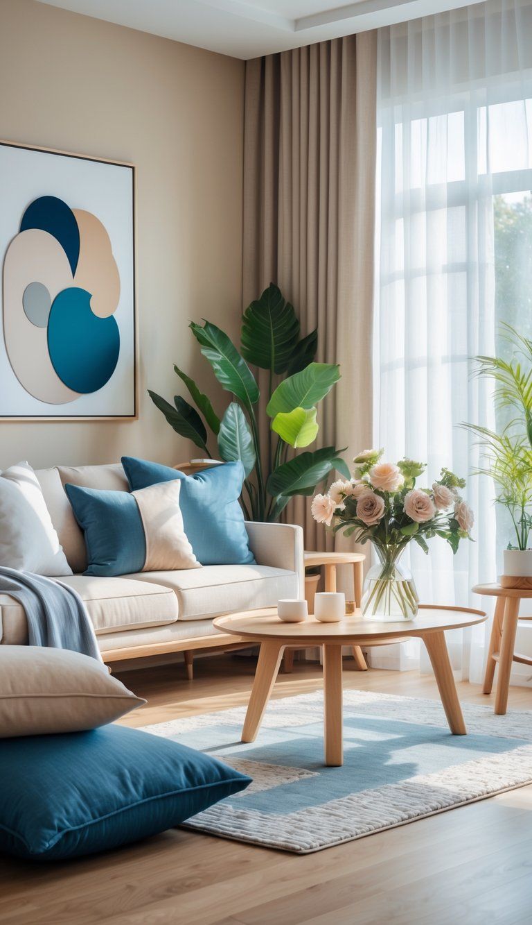 A well-lit living room with a sofa, coffee table, plants, and decorative items arranged to show a balanced and harmonious color scheme.