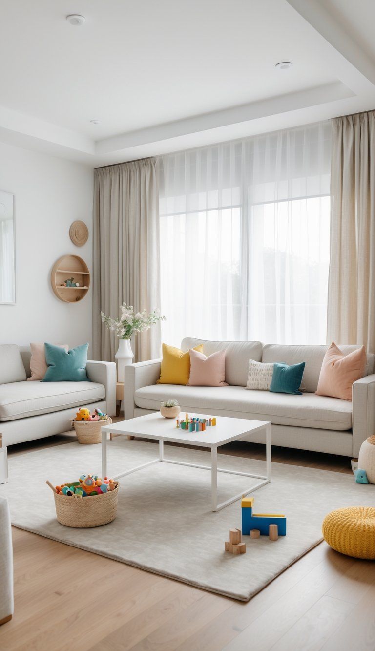 A bright living room with a sofa, coffee table, a small play area with toys, and large windows letting in natural light.