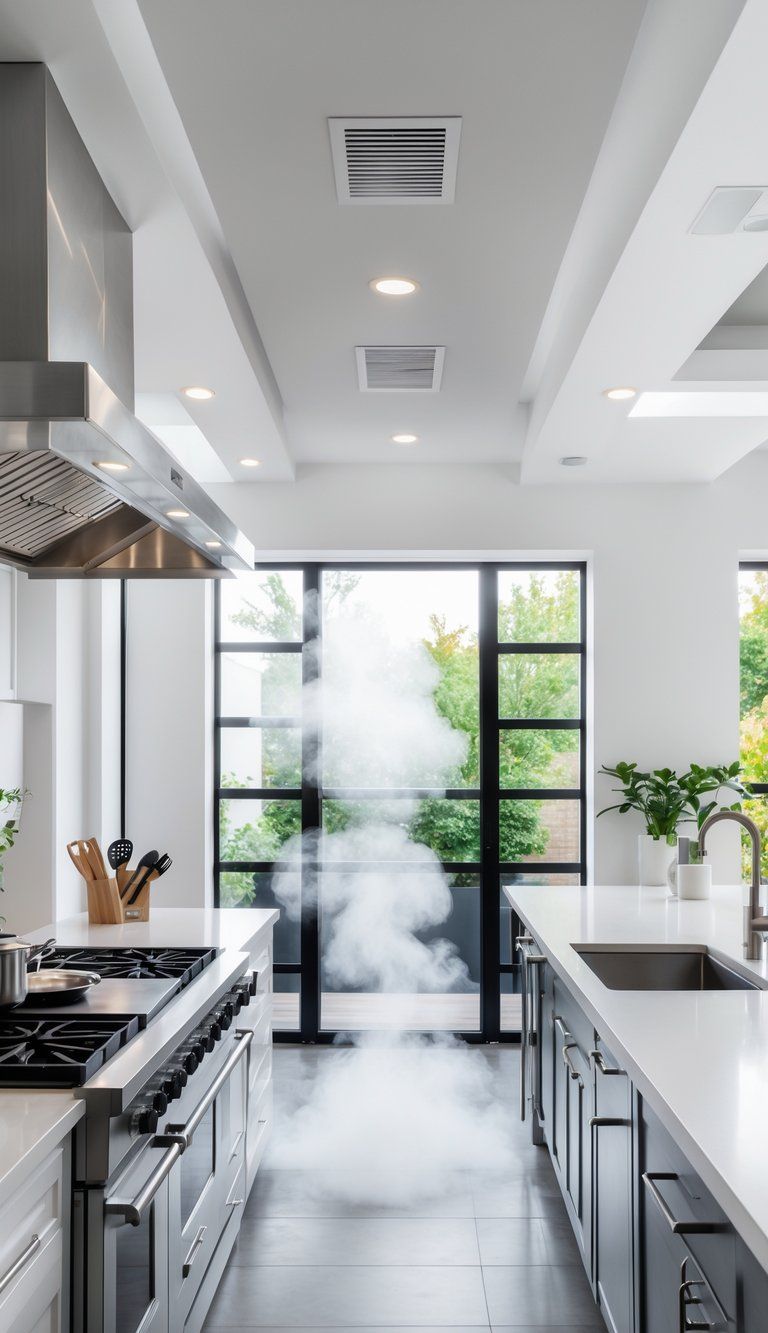 A modern kitchen with a range hood, open windows, and clean countertops designed for good ventilation and air quality.