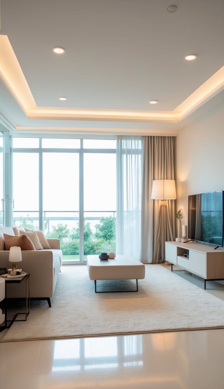 A clean and well-lit living room with minimal furniture and natural light coming through large windows.