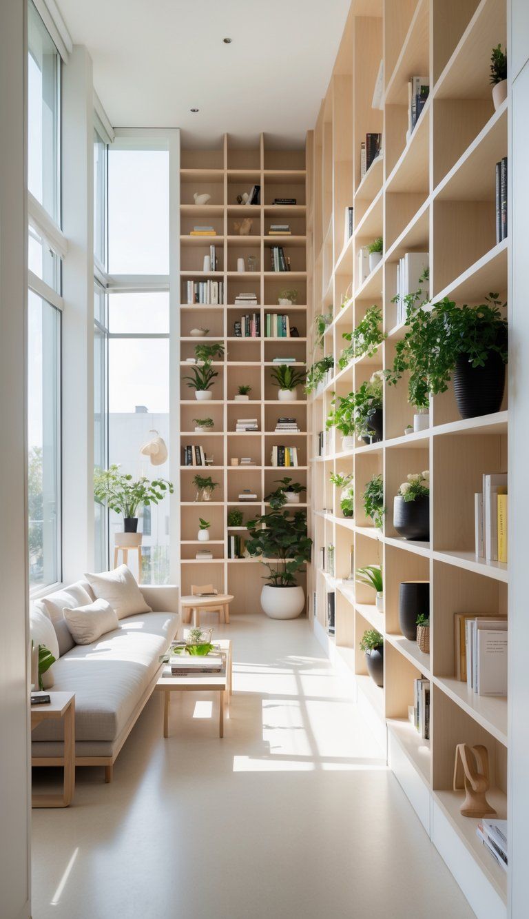 A living room with tall, narrow shelves reaching near the ceiling, filled with books and plants, making the low ceiling appear higher.