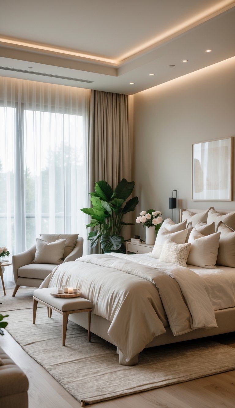 A peaceful master bedroom with a large bed, soft natural light, cozy seating area, plants, and calming decor.