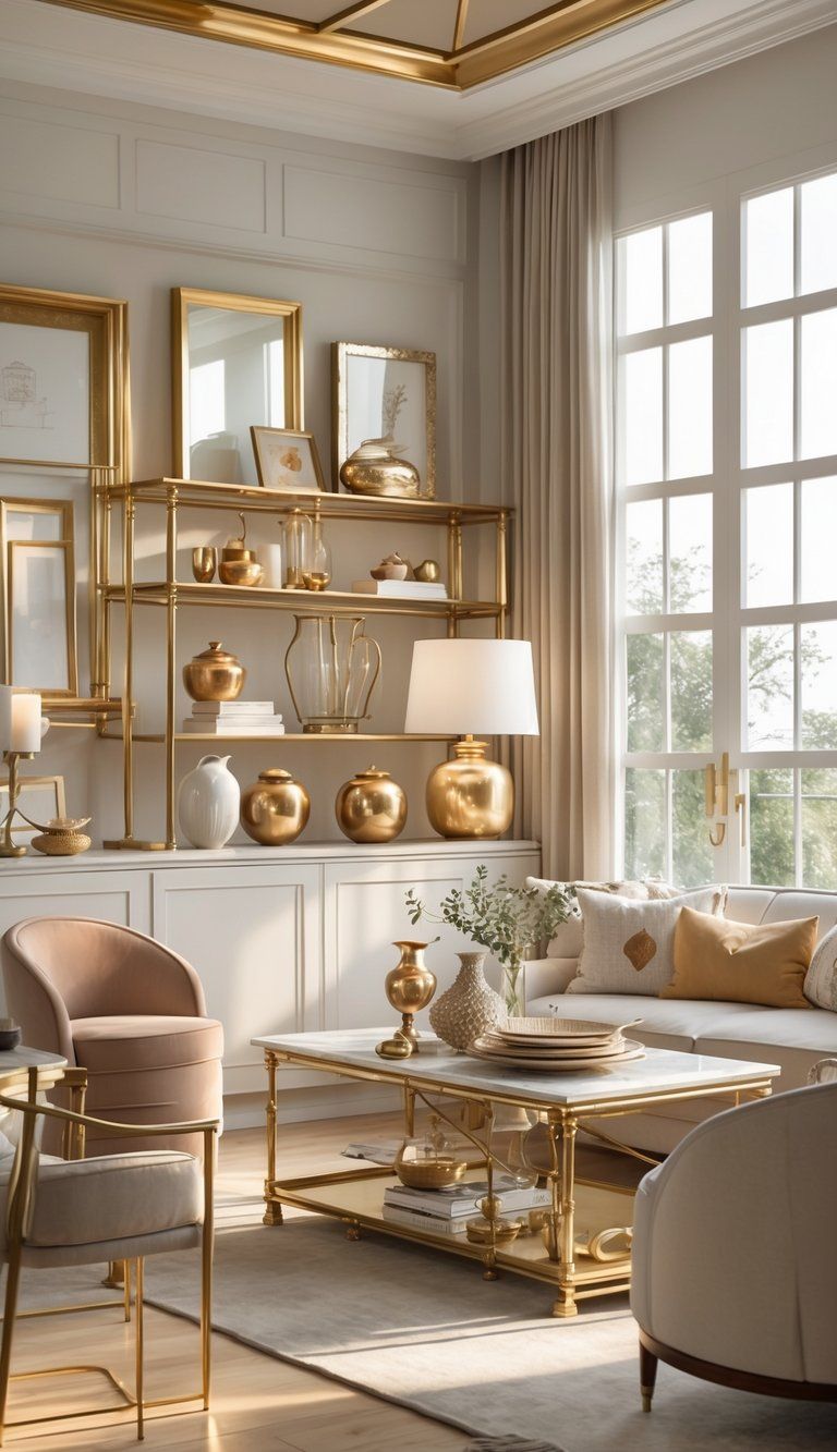 A stylish living room with gold, silver, and bronze metallic decor pieces arranged on shelves and tables, illuminated by natural light from large windows.