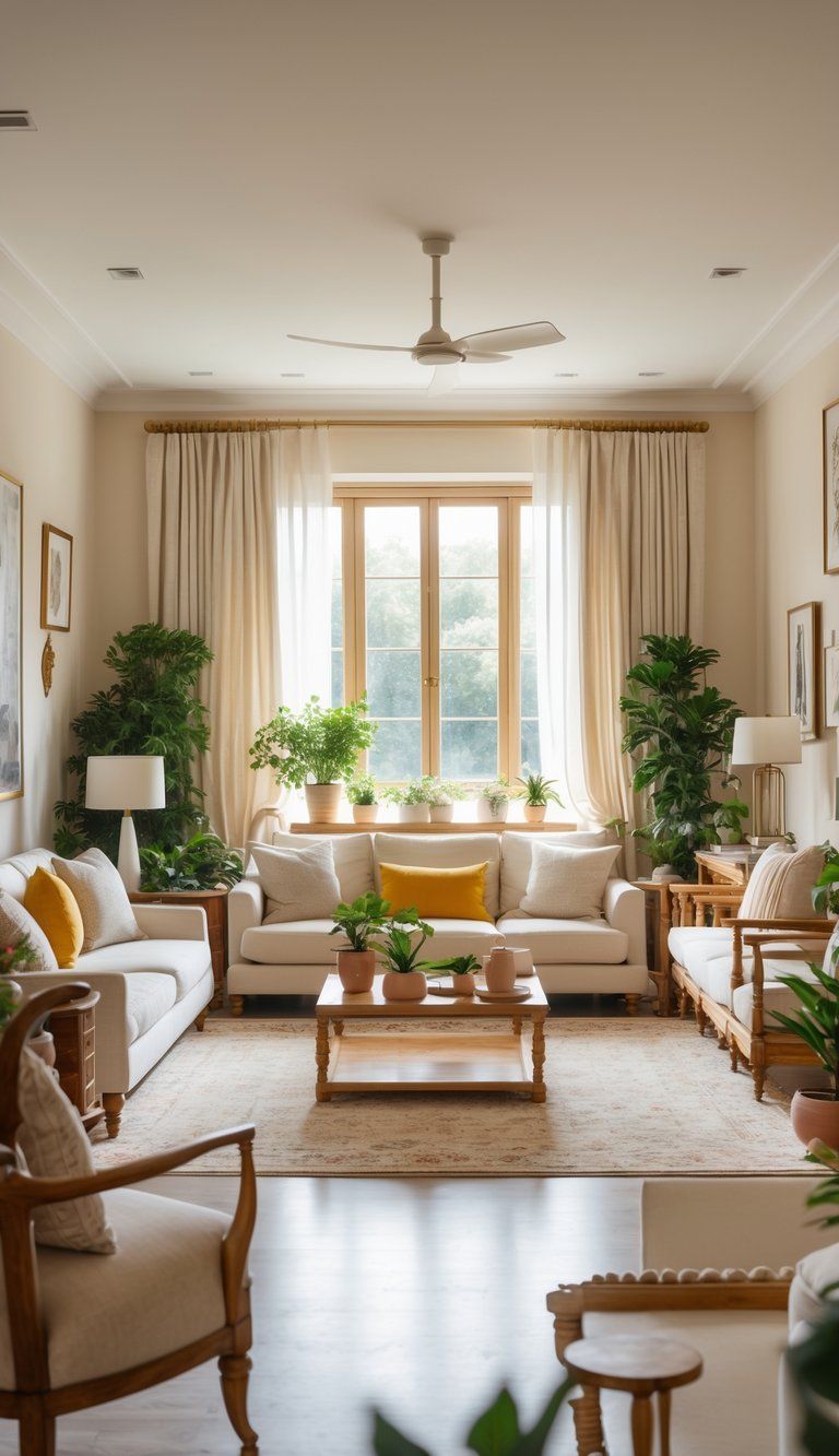 A bright living room with comfortable seating, large windows, plants, and a mix of modern and traditional furniture.