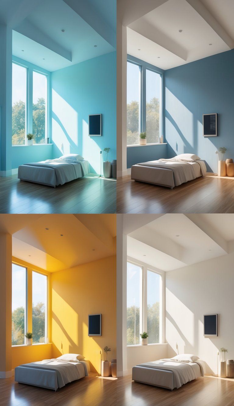 Interior scene showing four connected rooms with different wall colors and natural lighting representing north, south, east, and west exposures.