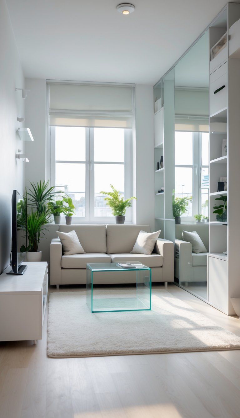 A small, bright living room with compact furniture, large windows, mirrors, and plants creating an open and spacious feel.