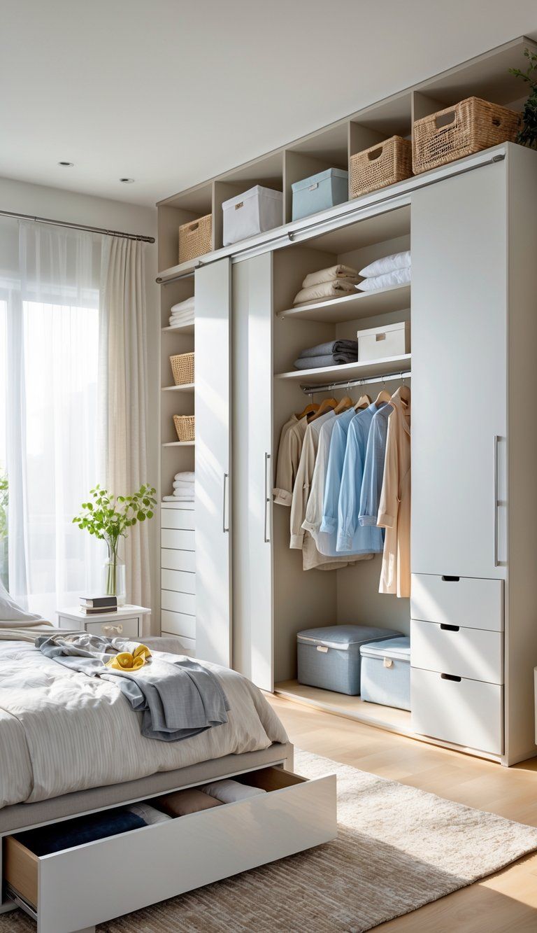 A modern bedroom with organized storage including under-bed drawers, an open wardrobe with clothes and boxes, shelves with baskets, and natural light coming through windows.