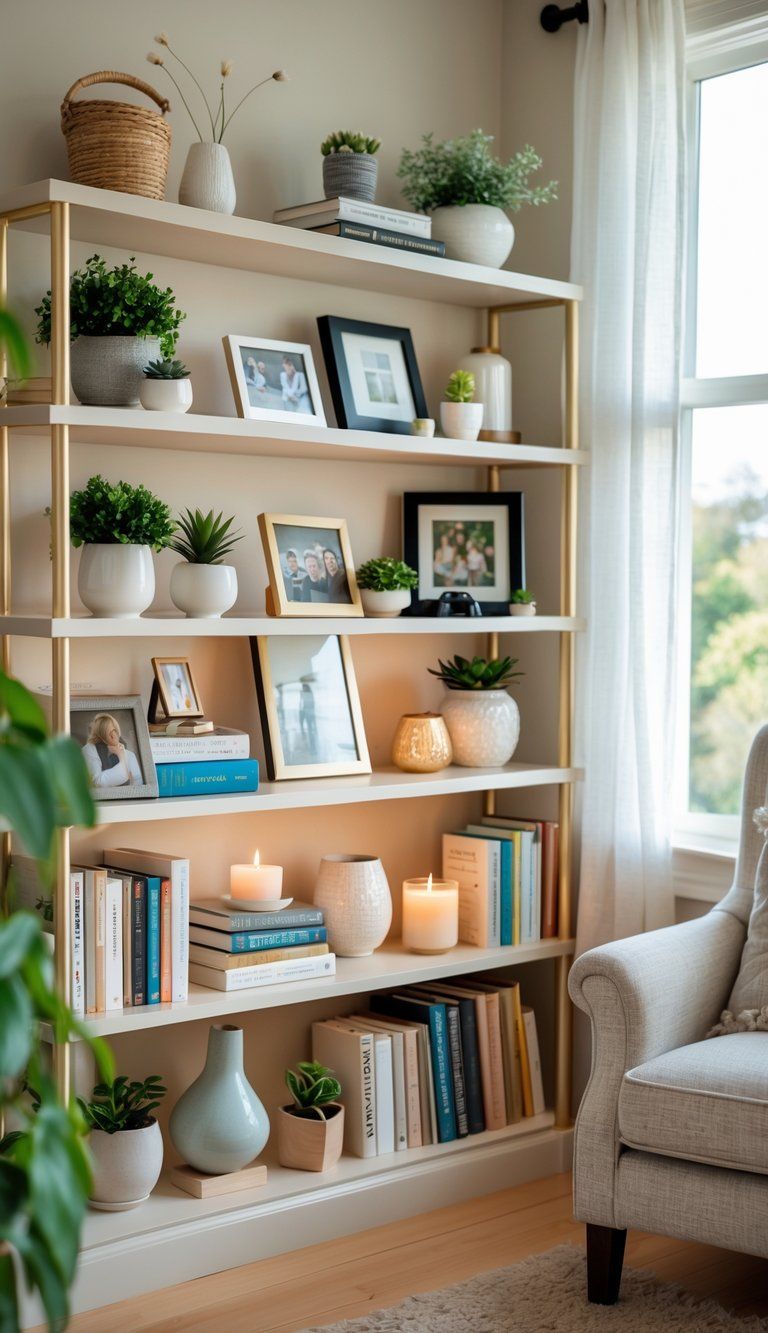 A living room bookshelf styled with books, plants, framed photos, and decorative items arranged neatly on shelves.