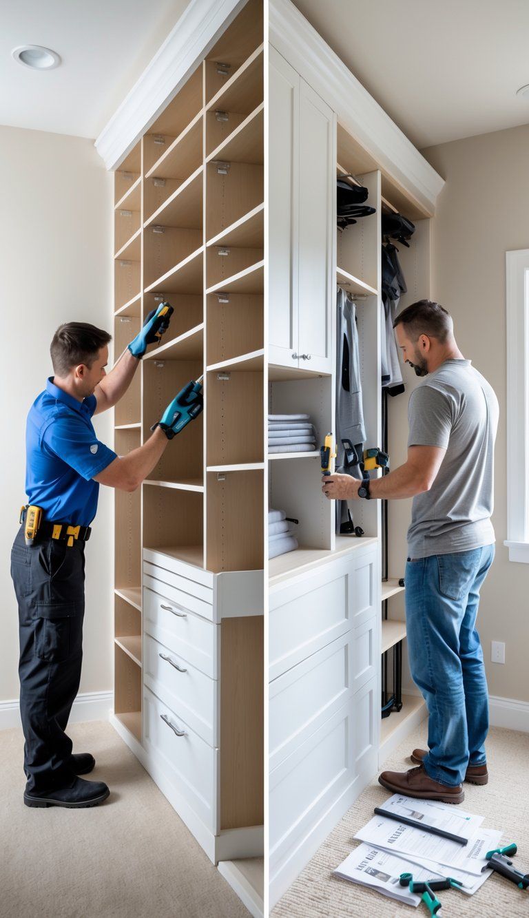 A side-by-side scene showing a professional installer assembling a closet system on one side and a homeowner working on a similar closet system on the other side.